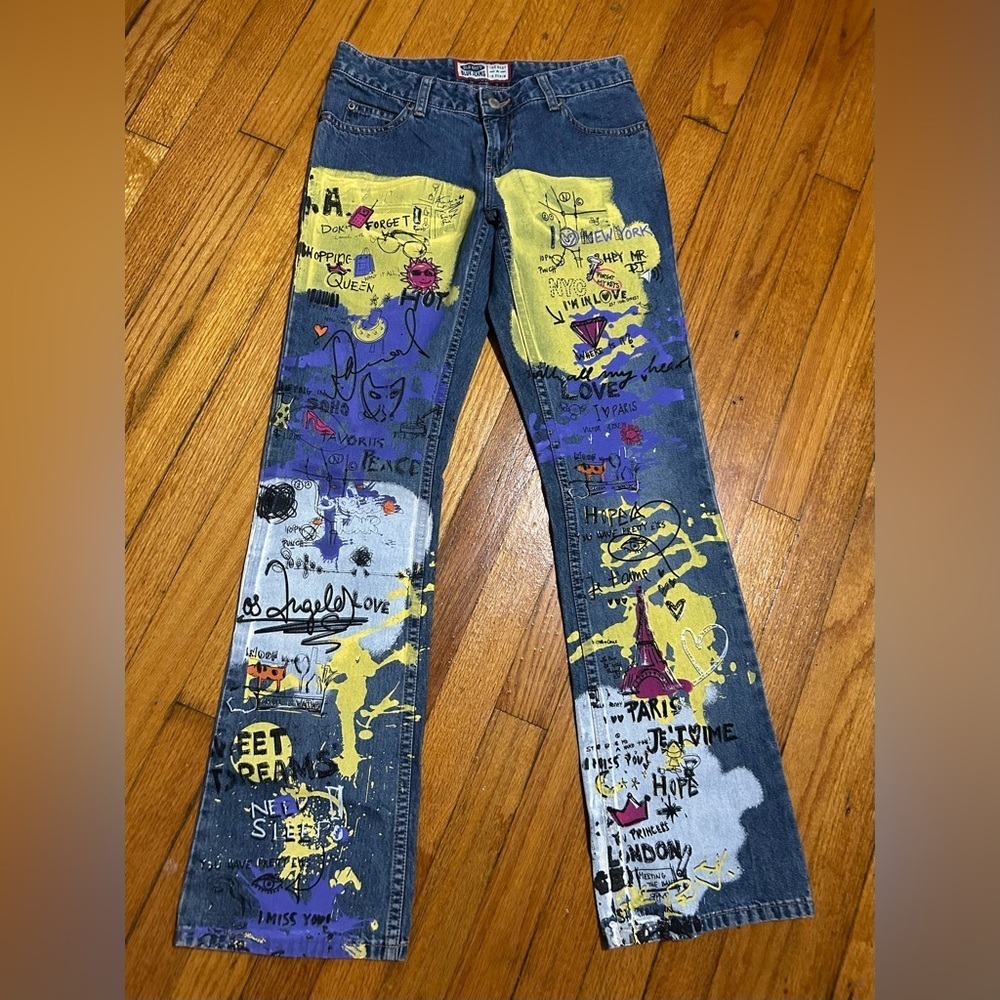 VTG 2001‎ Y2K Old Navy Fun Graphic Mid Rise Blue Jeans Sz 1